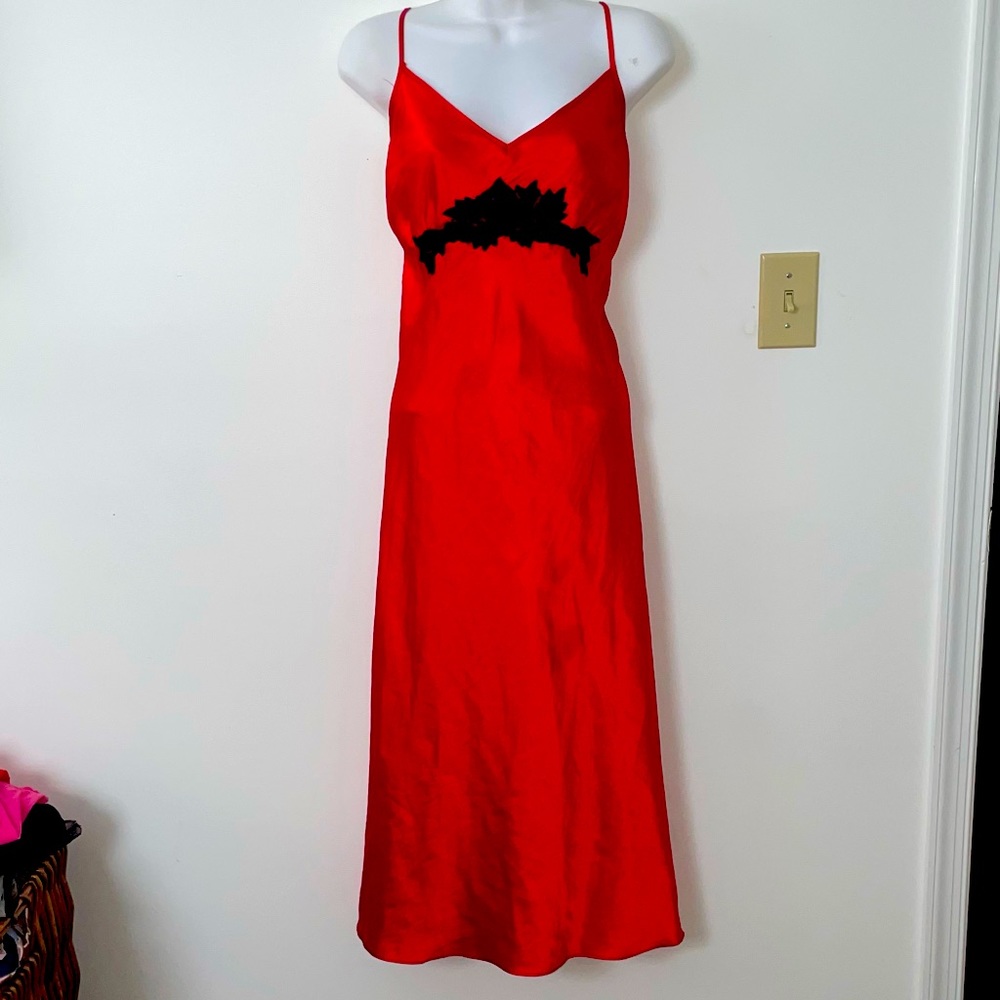 Red Satin Maxi Slip Dress Embroidery Detail